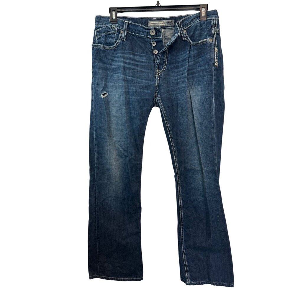 BKE Carter Straight Mens Jeans Size 33L Blue Distressed Button Fly Denim